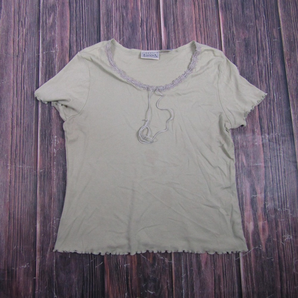 Basic Editions Womens Large Green Scoop Neck Lace Trim Ruffle Hem Granny Core